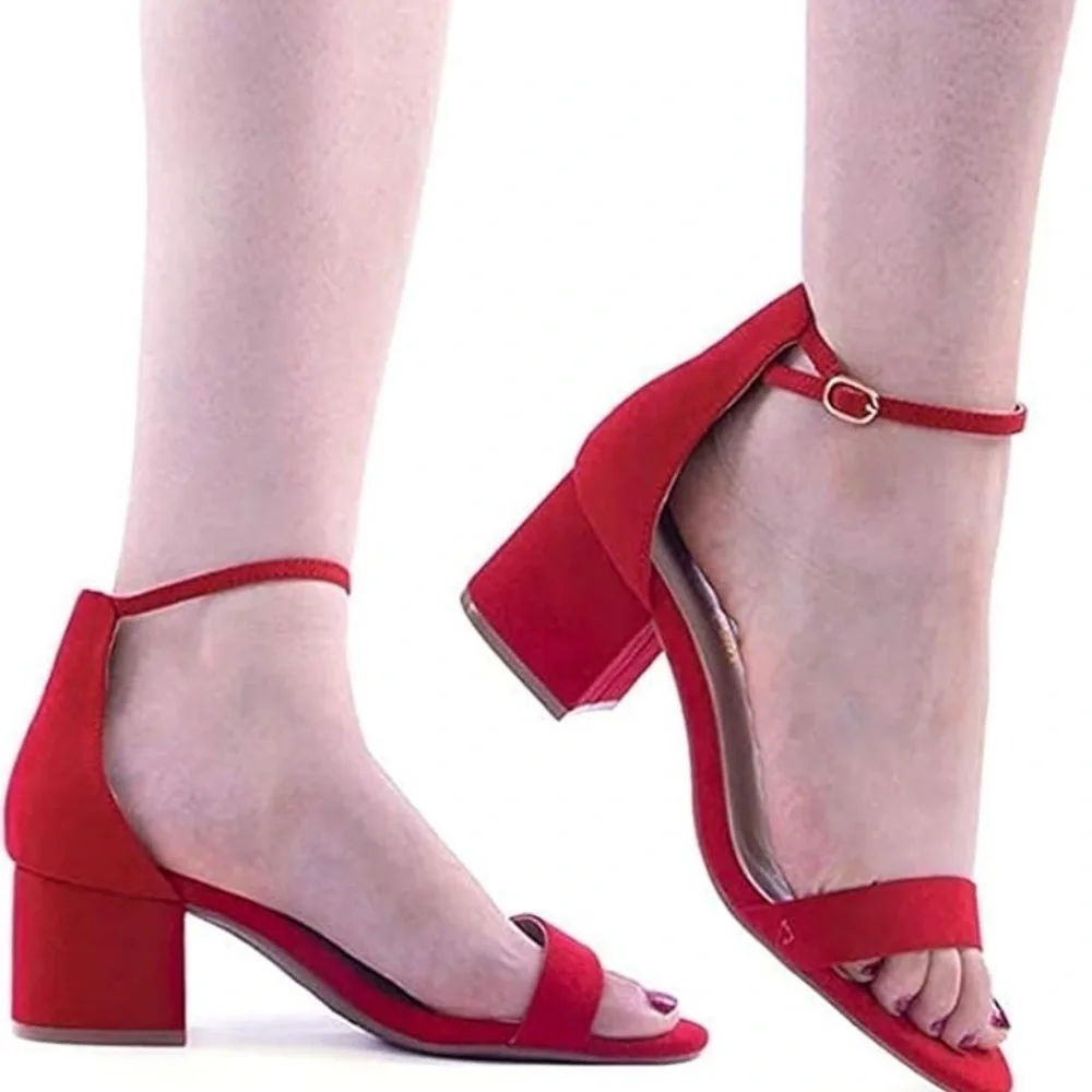 Party Open Toe Ankle Strap Low Short Chunk Block Heel Red Suede Size 9